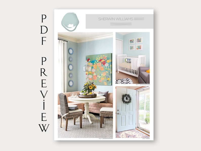 Pode incluir: Uma amostra de tinta de cor azul claro com o texto "SHERWIN WILLIAMS" acima. A imagem mostra quatro quartos diferentes pintados na mesma cor azul claro. Os quartos incluem uma sala de jantar, um quarto de beb&ecirc;, uma porta de entrada e uma sala de estar.