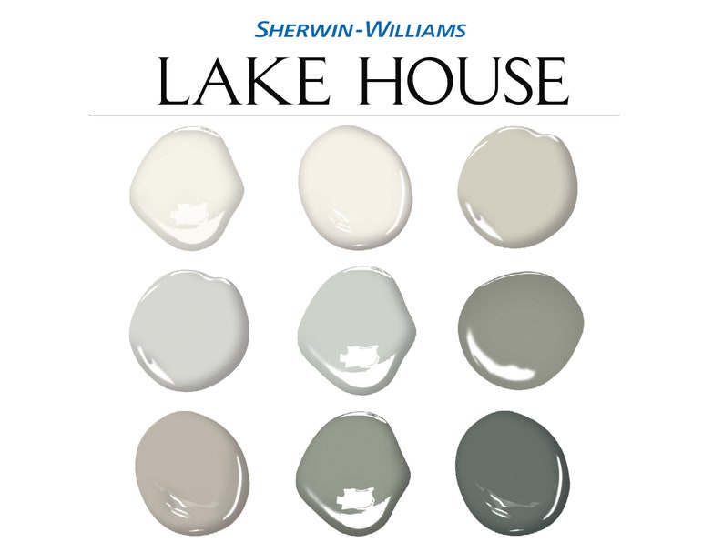 May include: Nine paint color swatches from Sherwin-Williams, labeled "LAKE HOUSE". The colors range from white to dark gray.