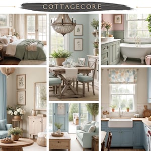Pu&ograve; includere: Un collage di immagini che mostrano un'estetica cottagecore. Le immagini presentano una camera da letto con un piumone verde, una sala da pranzo con un tavolo e sedie in legno, un bagno con una vasca da bagno bianca, un soggiorno con un divano blu e una cucina con armadietti blu. La tavolozza dei colori &egrave; chiara e ariosa, con sfumature di blu, verde e bianco.