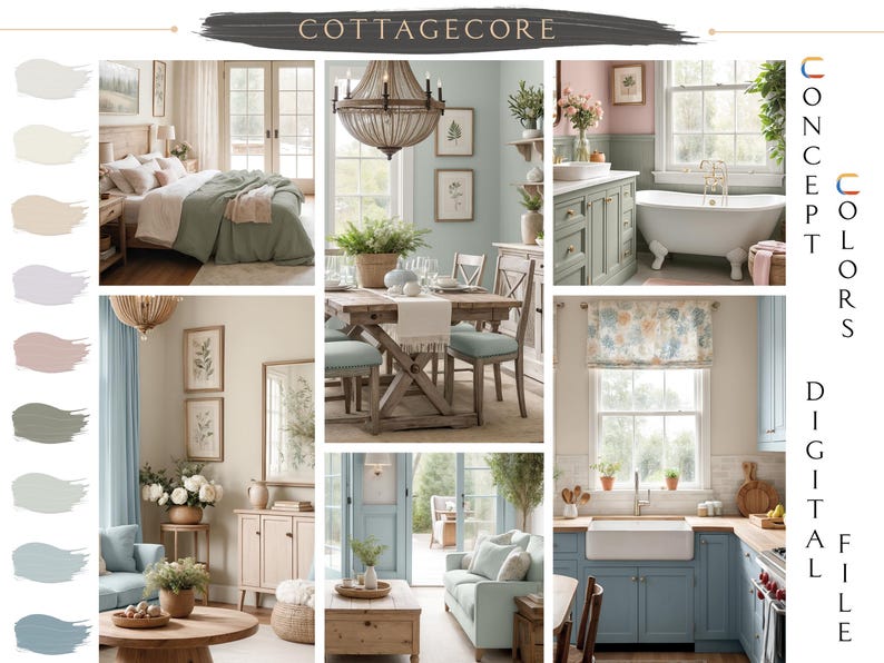 Pu&ograve; includere: Un collage di immagini che mostrano un'estetica cottagecore. Le immagini presentano una camera da letto con un piumone verde, una sala da pranzo con un tavolo e sedie in legno, un bagno con una vasca da bagno bianca, un soggiorno con un divano blu e una cucina con armadietti blu. La tavolozza dei colori &egrave; chiara e ariosa, con sfumature di blu, verde e bianco.