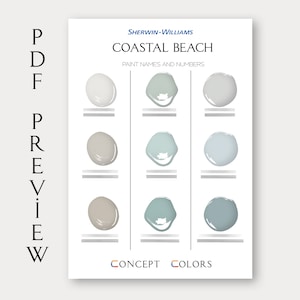 Pode incluir: Uma carta de cores de tinta da Sherwin-Williams apresentando a paleta de cores Coastal Beach. A carta mostra nove amostras de tinta em tr&ecirc;s linhas de tr&ecirc;s. As cores da tinta s&atilde;o uma gama de cinzas e azuis claros a m&eacute;dios.