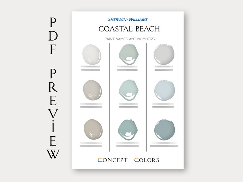 Pode incluir: Uma carta de cores de tinta da Sherwin-Williams apresentando a paleta de cores Coastal Beach. A carta mostra nove amostras de tinta em tr&ecirc;s linhas de tr&ecirc;s. As cores da tinta s&atilde;o uma gama de cinzas e azuis claros a m&eacute;dios.