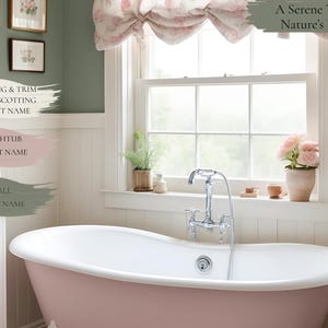 Cottagecore bathroom titled "A Serene Touch Of Nature's Warmth," featuring an SW 6023 Insightful Rose clawfoot tub, white wainscoting, and an SW 6186 Dried Thyme accent wall, with paint name labels for the ceiling, trim, wainscoting, bathtub, and wall colors. This Sherwin Williams Cottagecore paint palette pairs Insightful Rose with Dried Thyme green for a warm, nature-inspired bathroom.