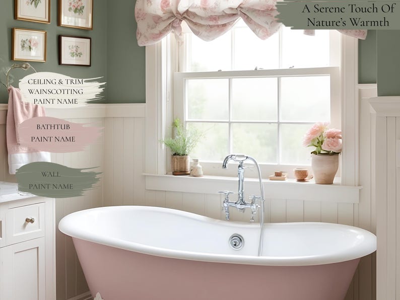 Cottagecore bathroom titled "A Serene Touch Of Nature's Warmth," featuring an SW 6023 Insightful Rose clawfoot tub, white wainscoting, and an SW 6186 Dried Thyme accent wall, with paint name labels for the ceiling, trim, wainscoting, bathtub, and wall colors. This Sherwin Williams Cottagecore paint palette pairs Insightful Rose with Dried Thyme green for a warm, nature-inspired bathroom.