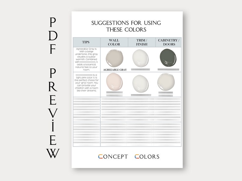 A printable Sherwin Williams Agreeable Gray SW 7029 paint guide with expert recommendations for wall colors, trim colors, cabinetry, doors, paint finishes, and coordinating colors. This digital whole house paint guide helps homeowners choose complementary neutral paint colors, timeless greige color combinations, and balanced interior house paint schemes for every room.