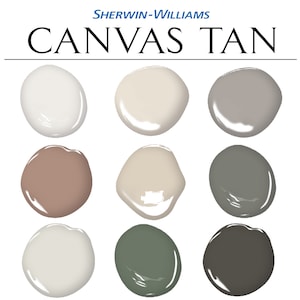 May include: Nine paint colour swatches in various shades of white, beige, brown, grey, and green. The paint colours are arranged in a grid of three rows and three columns. The text "SHERWIN-WILLIAMS CANVAS TAN" is displayed at the top of the image.
