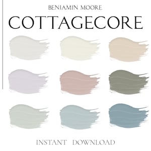 Pu&ograve; includere: Un download digitale di una tavolozza di colori con nove colori di vernice Benjamin Moore ispirati all'estetica cottagecore. I colori includono tonalit&agrave; di bianco, grigio, verde, blu e rosa.