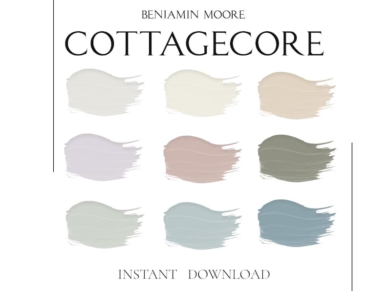 Pu&ograve; includere: Un download digitale di una tavolozza di colori con nove colori di vernice Benjamin Moore ispirati all'estetica cottagecore. I colori includono tonalit&agrave; di bianco, grigio, verde, blu e rosa.
