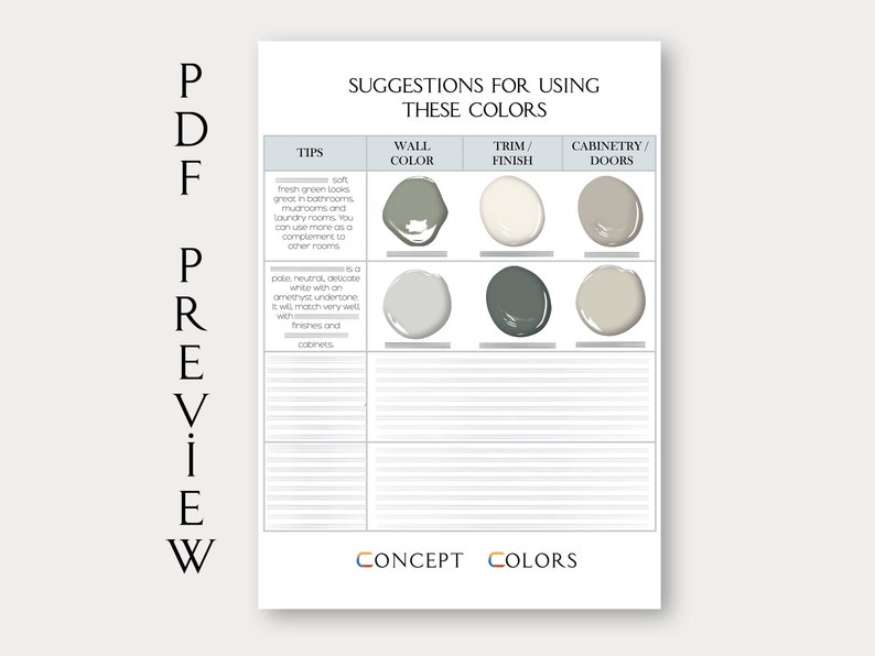 May include: A chart with suggestions for using different paint colors in a home. The chart includes tips for using each color, as well as suggestions for wall color, trim finish, and cabinetry/doors.