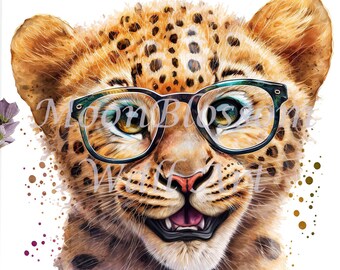 Happy Leopard Wearing Glasses / Leopard With Glasses / Watercolor Decor / Contemporary Animal Decor / Cat Wall Art / PRINTABLE