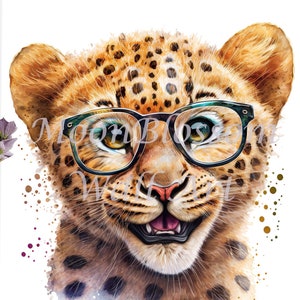 Happy Leopard Wearing Glasses / Leopard With Glasses / Watercolor Decor / Contemporary Animal Decor / Cat Wall Art / PRINTABLE