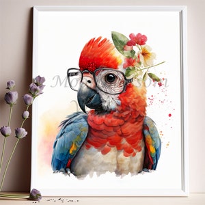scharlaken ara met bril afdrukbare kunst, rode papegaai kunst aan de muur kunst print
