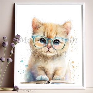 Cat wearing glasses wall art, cat art prints