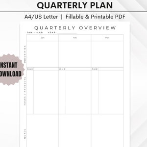 Quarterly Planner Printable Fillable Quarterly Business Calendar 3 Month Agenda Project ...