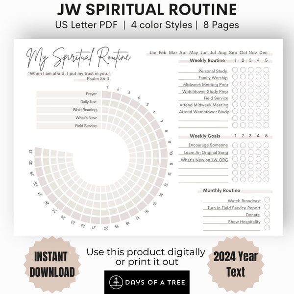 JW Spiritual Routine Habit Tracker 2024 Year Text Psalm 56:3 Printable JW Pioneer Planner Digital Gift Elder Service Planner JW Baptism Gift