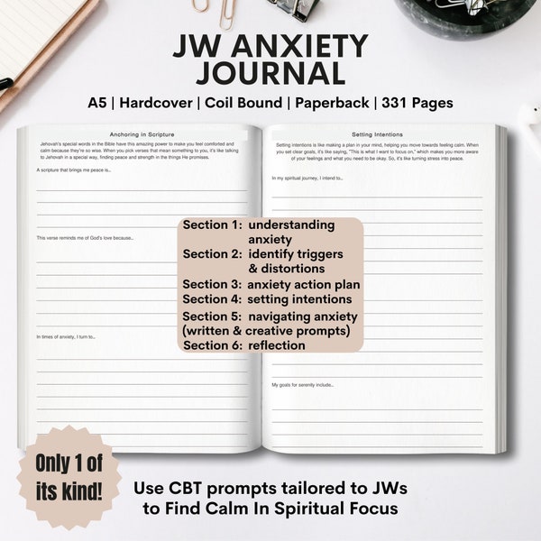 JW Anxiety Journal JW Gift Idea For Pioneers Sister Elders Teens Spiritual CBT Guided Notebook for Jehovahs Witnesses Jw Baptism Gift jworg