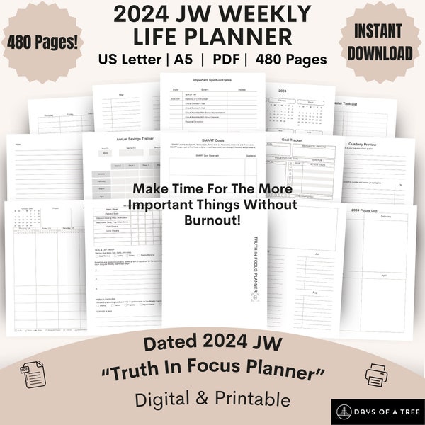 2024 JW Weekly Life Planner Digital Spiritual Organizer Printable Gift For Elder Pioneer Ministry Schedule Calendar JW Life Work Family Goal