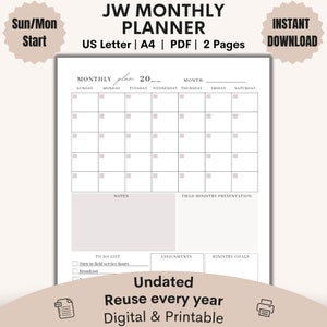 JW Planner Printable Monthly Calendar JW Ministry Schedule Pioneer ...