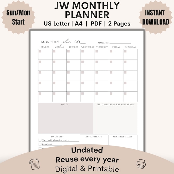 JW Planner Printable Monthly Calendar JW Ministry Schedule Pioneer Planner Jw GoodNotes Planner Jw Printable Service Planner JW Kid Students