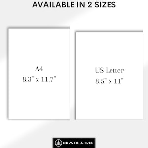 Peut inclure: Deux feuilles de papier blanches avec du texte indiquant les tailles disponibles pour un produit imprimable. La premi&egrave;re feuille indique "A4 8.3" x 11.7" et la deuxi&egrave;me feuille indique "US Letter 8.5" x 11"