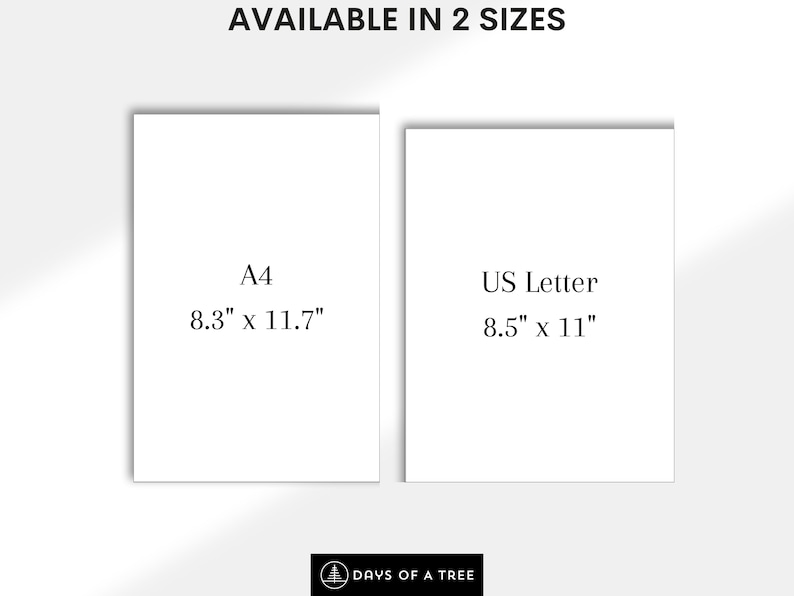 Peut inclure: Deux feuilles de papier blanches avec du texte indiquant les tailles disponibles pour un produit imprimable. La premi&egrave;re feuille indique "A4 8.3" x 11.7" et la deuxi&egrave;me feuille indique "US Letter 8.5" x 11"