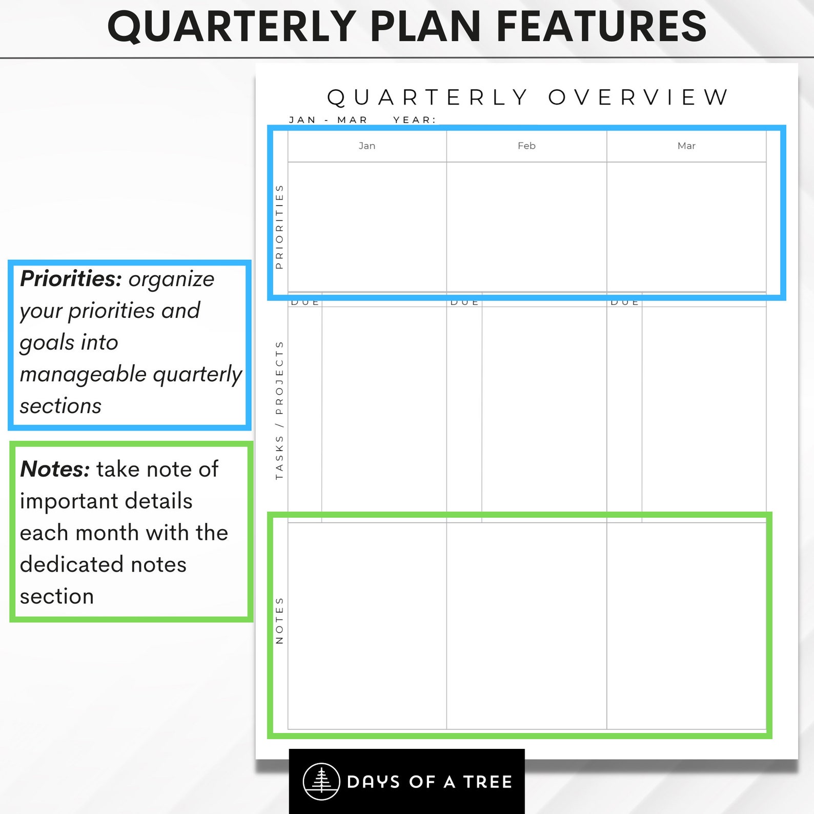 Quarterly Planner Printable Fillable Quarterly Business Calendar 3 Month Agenda Project ...
