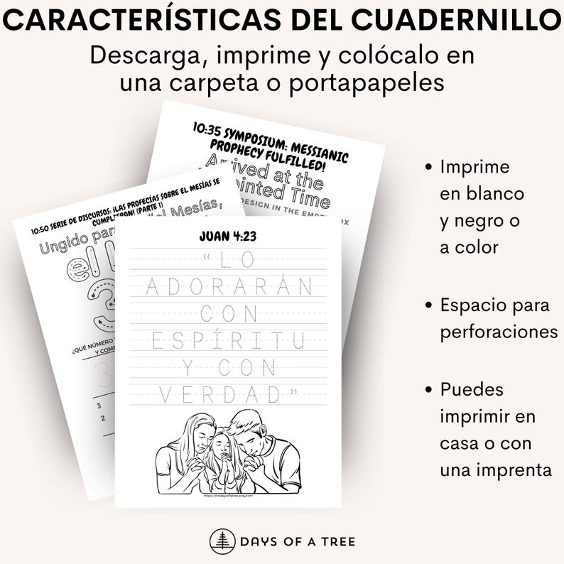 Puede incluir: Una hoja de trabajo imprimible en blanco y negro con el texto "JUAN 4:23" y la frase "LO ADORAR&Aacute;N CON ESP&Iacute;RITU Y CON VERDAD" escrita en espa&ntilde;ol. La hoja de trabajo tambi&eacute;n presenta una ilustraci&oacute;n en blanco y negro de una familia orando.