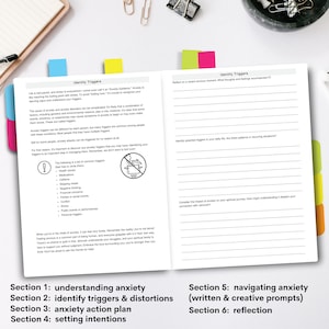 May include: A printable workbook with a colorful cover and the title "Identify Triggers". The workbook is designed to help people understand and manage anxiety. The workbook includes sections on understanding anxiety, identifying triggers, creating an action plan, setting intentions, navigating anxiety, and reflection.