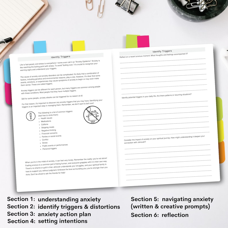 May include: A printable workbook with a colorful cover and the title "Identify Triggers". The workbook is designed to help people understand and manage anxiety. The workbook includes sections on understanding anxiety, identifying triggers, creating an action plan, setting intentions, navigating anxiety, and reflection.
