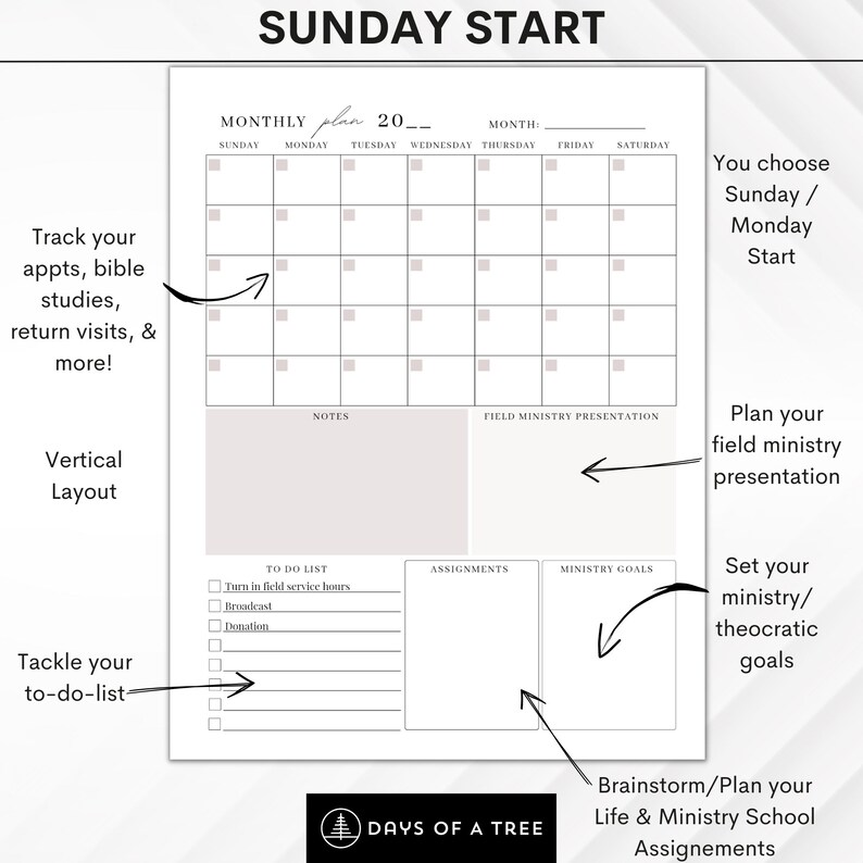 JW Monthly Calendar Ministry Theocratic Schedule JW Pioneer Etsy