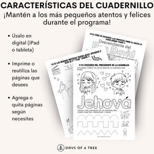 Puede incluir: P&aacute;ginas para colorear en blanco y negro con ilustraciones de personas y texto. El texto incluye "Descendiente del David", "Jehova" y "10:10 Las Buenas Noticias Segun Jesus".