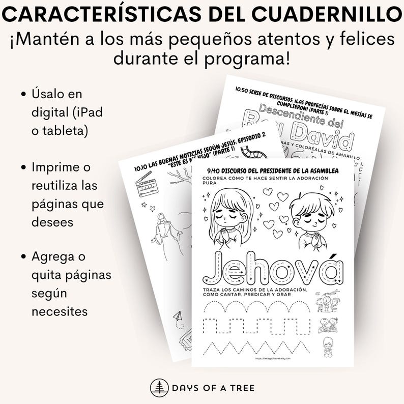 Puede incluir: P&aacute;ginas para colorear en blanco y negro con ilustraciones de personas y texto. El texto incluye "Descendiente del David", "Jehova" y "10:10 Las Buenas Noticias Segun Jesus".