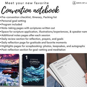 May include: A spiral-bound convention notebook with the text "Eternal Happiness 2026 Convention" and "Eternal Happiness 2026 Convention" on the covers. The notebook includes pre-convention checklists, note-taking pages, and space for reflection.