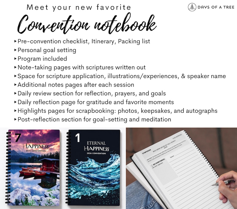 May include: A spiral-bound convention notebook with the text "Eternal Happiness 2026 Convention" and "Eternal Happiness 2026 Convention" on the covers. The notebook includes pre-convention checklists, note-taking pages, and space for reflection.