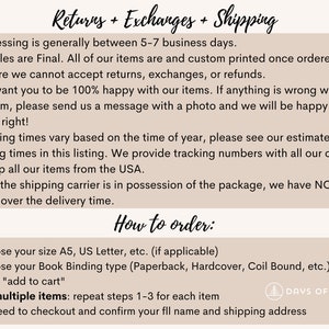 May include: A beige graphic with the text "Returns + Exchanges + Shipping" and "How to order:" in a handwritten font. Bullet points detail the return policy and ordering instructions. The Days of a Tree logo is in the bottom right corner.