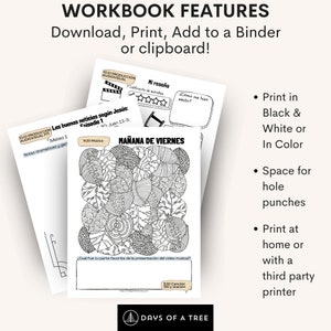 May include: Black and white printable workbook pages with Spanish text. The pages feature a coloring page with a mandala design, a review section, and a section for notes. The text on the pages includes "Las buenas noticias seg&uacute;n Jes&uacute;s: Episodio 1", "Ma&ntilde;ana de Viernes", "Mi rese&ntilde;a", and "&iquest;C&oacute;mo me hizo sentir?"