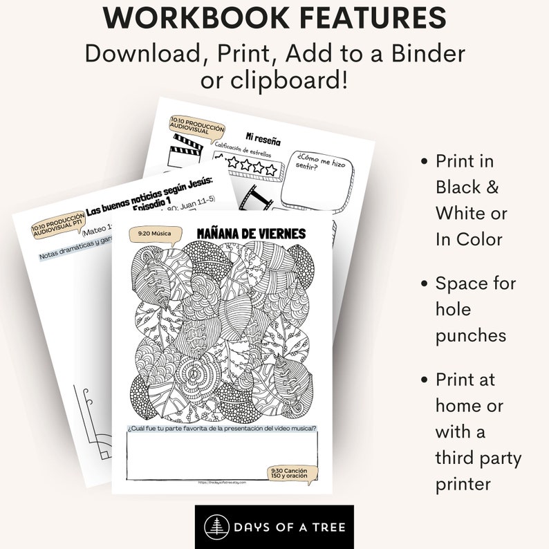 May include: Black and white printable workbook pages with Spanish text. The pages feature a coloring page with a mandala design, a review section, and a section for notes. The text on the pages includes "Las buenas noticias seg&uacute;n Jes&uacute;s: Episodio 1", "Ma&ntilde;ana de Viernes", "Mi rese&ntilde;a", and "&iquest;C&oacute;mo me hizo sentir?"