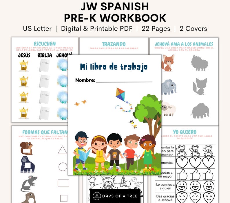May include: A colorful printable workbook for preschoolers learning Spanish. The cover features a green tree with a kite flying above it. The title of the book is "Mi libro de trabajo" which means "My workbook" in Spanish.
