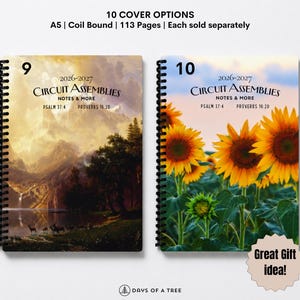 May include: Two A5 coil-bound notebooks labeled 9 and 10. Both feature the text 2026-2027 CIRCUIT ASSEMBLIES NOTES & MORE, PSALM 37:4, and PROVERBS 16:20. Notebook 9 shows a mountain landscape with deer, while notebook 10 displays a field of sunflowers.