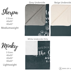 May include: A dark green throw blanket with white floral designs and the text "Have in a Garden" with a floral design. The blanket is available in sherpa or minky fabric and in two or three sizes. The blanket is shown with a grey, beige, or white underside.