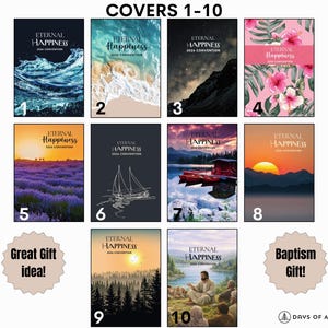 May include: A collection of ten book covers with the title "Eternal Happiness 2024 Convention." The covers feature various scenic images, including ocean waves, mountains, flowers, and a sunset. The text "Great Gift idea!" and "Baptism Gift!" are also present.