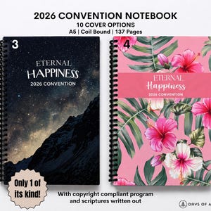 May include: Two spiral-bound notebooks. One features a night sky design with the text "Eternal Happiness 2026 Convention." The other has a pink floral pattern with the same text. Both are A5 size with 137 pages.