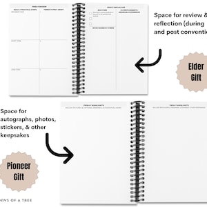 May include: Open spiral-bound notebook with blank white pages. The notebook has sections for goals, reflection, and highlights. Text on the pages includes "Friday Review," "Friday Reflection," and "Friday Highlights." Includes "Pioneer Gift" and "Elder Gift" labels.