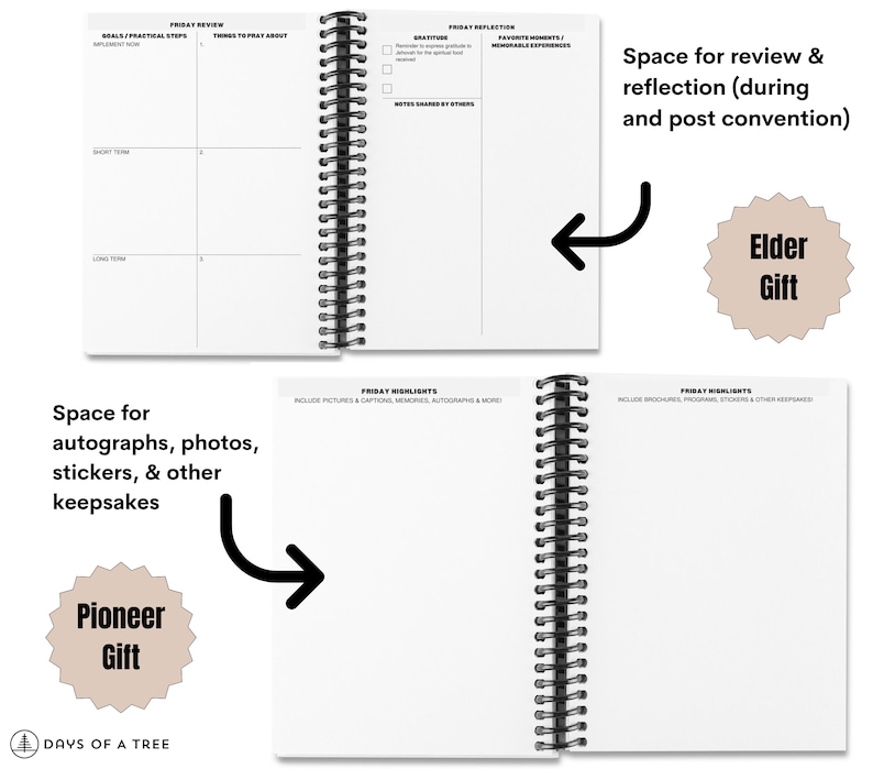 May include: Open spiral-bound notebook with blank white pages. The notebook has sections for goals, reflection, and highlights. Text on the pages includes "Friday Review," "Friday Reflection," and "Friday Highlights." Includes "Pioneer Gift" and "Elder Gift" labels.