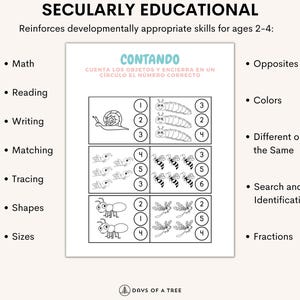 May include: Black and white worksheet with a title "CONTANDO" in Spanish, which means "Counting". The worksheet has three sections with different images of animals, such as snails, bees, ants, and dragonflies. Each section has a number of animals and a circle with numbers 1-6 to circle the correct number of animals.
