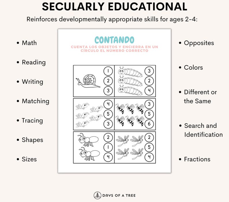 May include: Black and white worksheet with a title "CONTANDO" in Spanish, which means "Counting". The worksheet has three sections with different images of animals, such as snails, bees, ants, and dragonflies. Each section has a number of animals and a circle with numbers 1-6 to circle the correct number of animals.