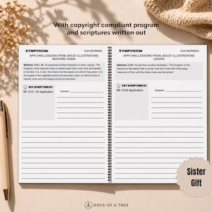 May include: Open notebook with spiral binding, featuring the text "Symposium" and "Applying Lessons from Jesus' Illustrations." The pages include scripture excerpts and space for notes. A pen rests on the left. The notebook is labeled "Sister Gift."