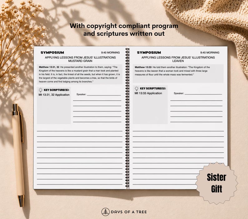 May include: Open notebook with spiral binding, featuring the text "Symposium" and "Applying Lessons from Jesus' Illustrations." The pages include scripture excerpts and space for notes. A pen rests on the left. The notebook is labeled "Sister Gift."