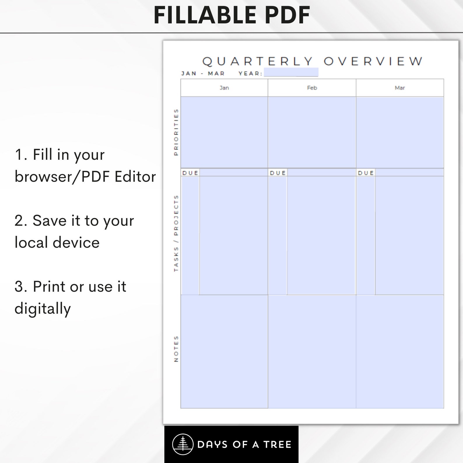 Quarterly Planner Printable Fillable Quarterly Business Calendar 3 Month Agenda Project ...