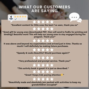 May include: A collection of positive customer reviews for a product, featuring five-star ratings and quotes praising the product's quality, engagement, and customer service. The reviews highlight the product's suitability for young children and its ability to keep them entertained.